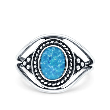 Vintage Style Promise Ring Band Oxidized Lab Created Blue Opal 925 Sterling Silver